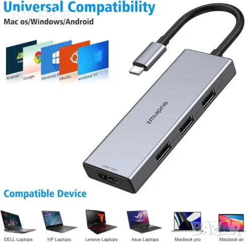 USB C докинг станция двоен монитор, 2 х HDMI, 6 IN 1, с 3 х USB 2.0, снимка 4 - Друга електроника - 49457628