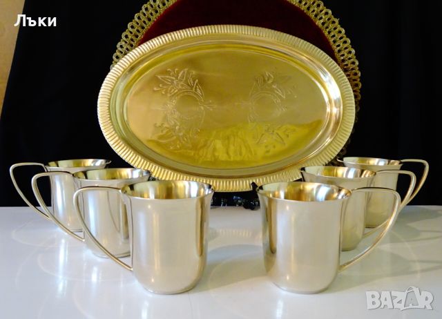 Английски сервиз чаши с поднос,никелово сребро. , снимка 3 - Антикварни и старинни предмети - 45912865