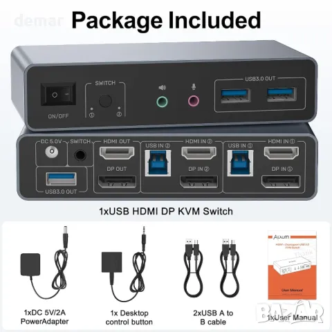Alxum Displayport HDMI KVM превключвател за 2 монитора и 2 компютъра, 4k 60hz USB 3.0, снимка 8 - Друга електроника - 50273099