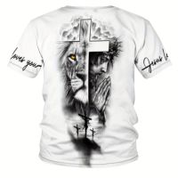 Стилна мъжка елегантна тениска с къс ръкав, шарка на кръст и лъв, снимка 8 - Тениски - 46105392