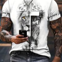 Стилна мъжка елегантна тениска с къс ръкав, шарка на кръст и лъв, снимка 2 - Тениски - 45786332