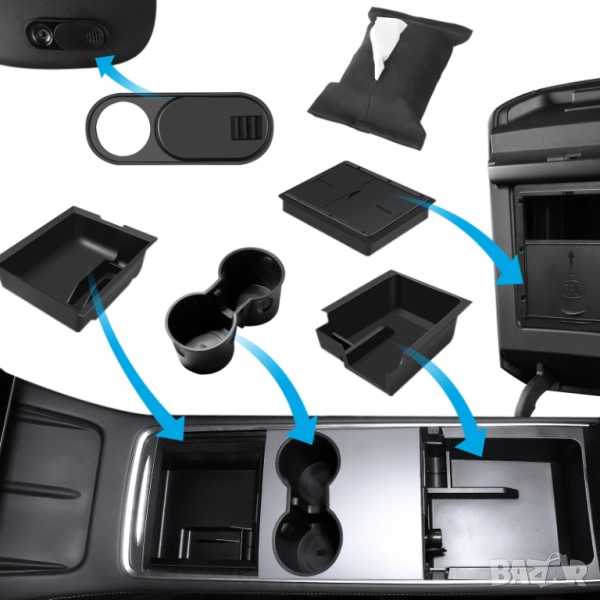 Комплект от 6 Части Органайзера за Съхранение Tesla Model Y/3 2017–2023, Кутия, Държач за Чаши и др., снимка 1