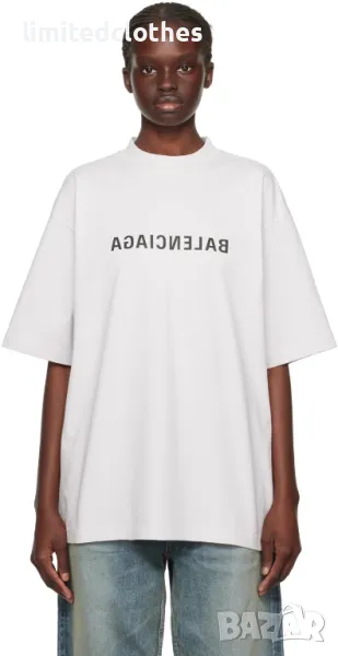 BALENCIAGA Ecru Destroyed Reversed Mirror Logo Print Oversized Мъжка / Дамска Тениска size S (M), снимка 1