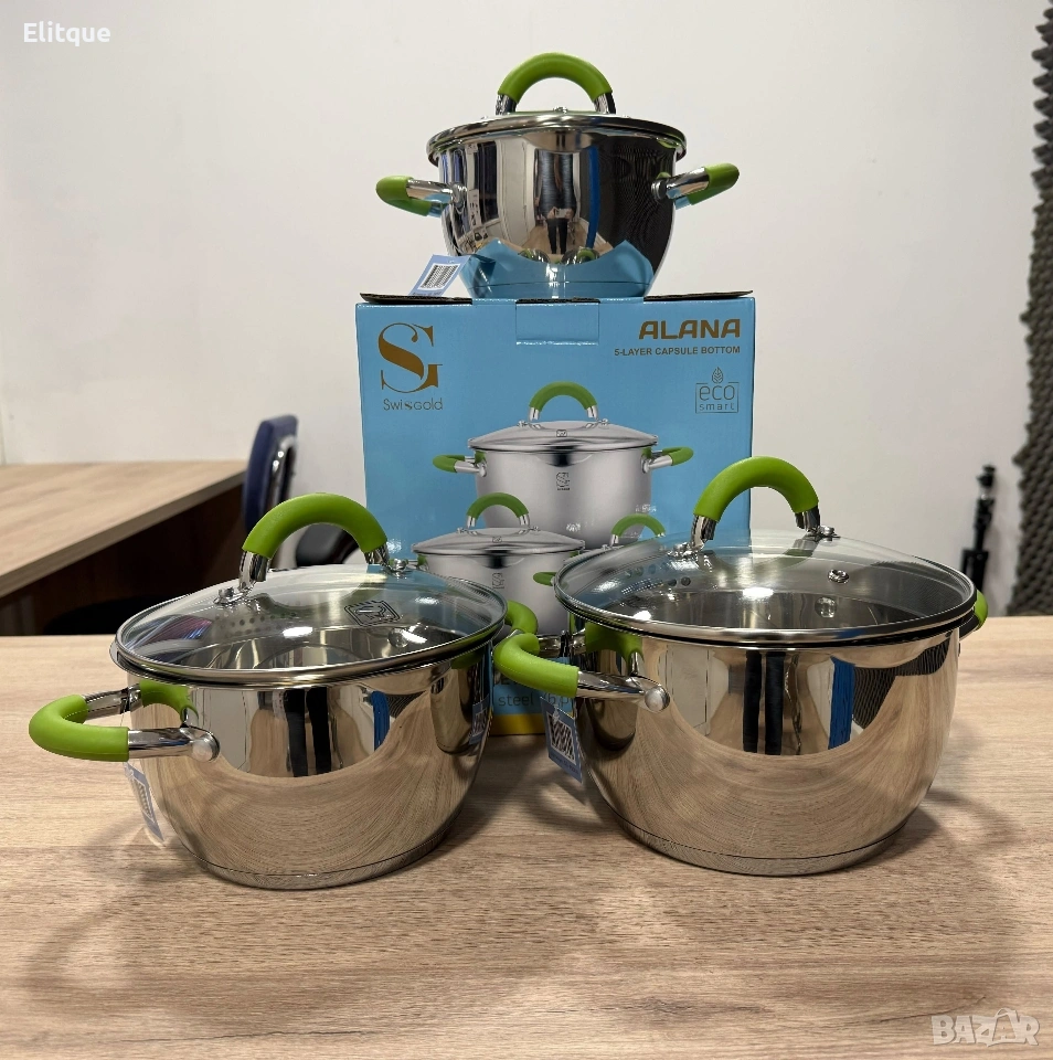 Комплект тенджери Swissgold Alana – 3 броя с капак от неръждаема стомана с 5-слойно капсулно дъно, снимка 1