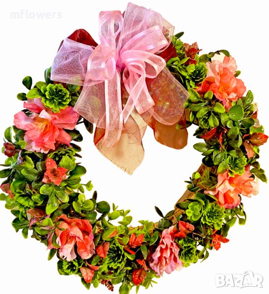 Декоративен венец с розова панделка - 30 см, снимка 1
