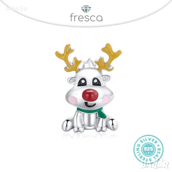 Талисман Коледни Fresca по модел тип Пандора сребро 925 Pandora Sweet Reindeer. Колекция Amélie, снимка 1