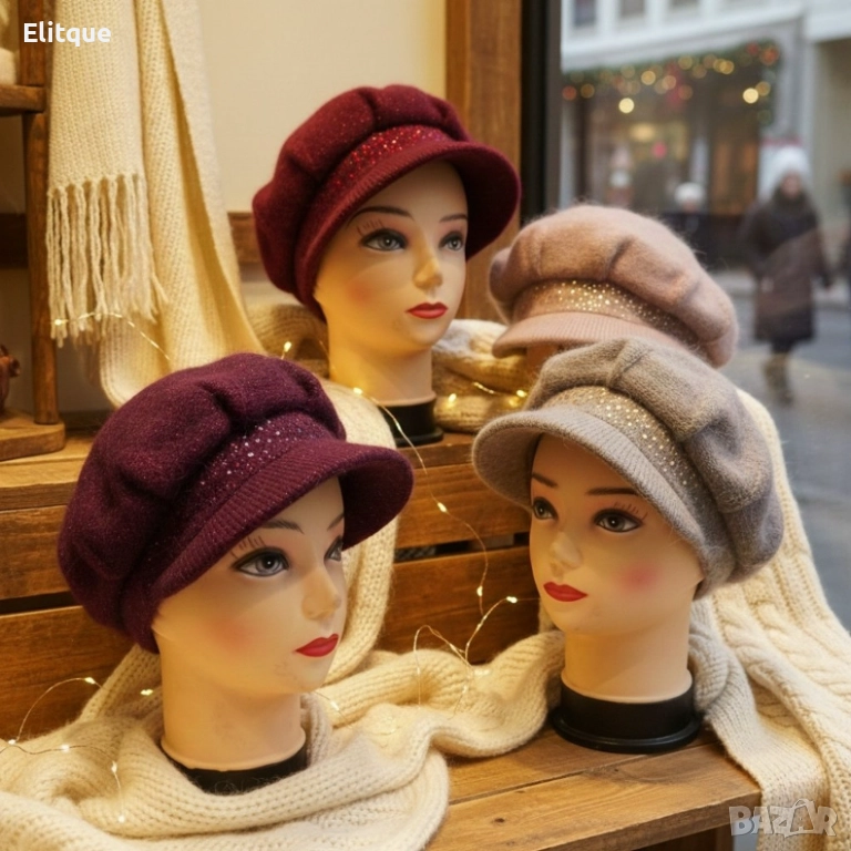 Дамска зимна плетена шапка с козирка и декоративни камъчета, снимка 1