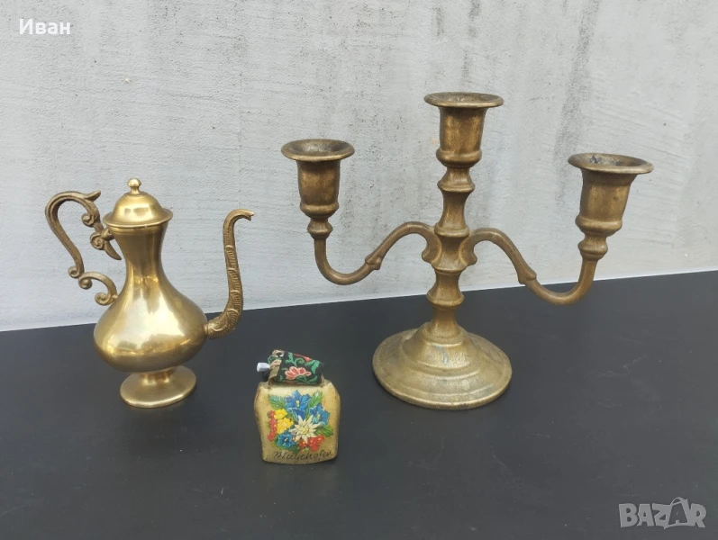 Месингов свещник 3ка, малък ибрик , чан / хлопка , снимка 1