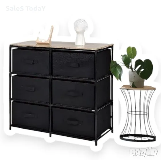 Текстилен шкаф, Скрин текстилен, Етажерка, черен, 6 чекмеджета, снимка 1