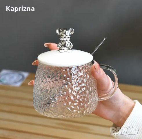 Стъклена чаша с капаче и метална лъжичка, снимка 1 - Чаши - 46099358