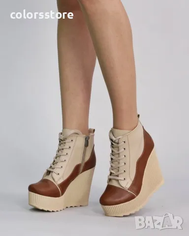 Боти на платформа - бежово с кафяво кожа - NO5, снимка 2 - Дамски боти - 46229327