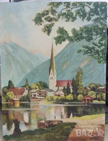 Големи стари картини масло планински пейзаж, езеро, брези-подписани