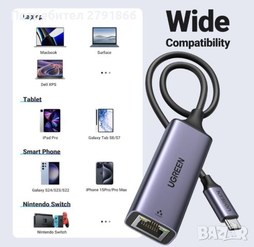 UGREEN USB C to Ethernet Adapter, снимка 1 - Друга електроника - 46451796