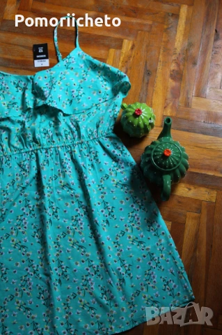 Нова рокля с етикет в тюркоазено с флорални мотиви, снимка 2 - Рокли - 54127439