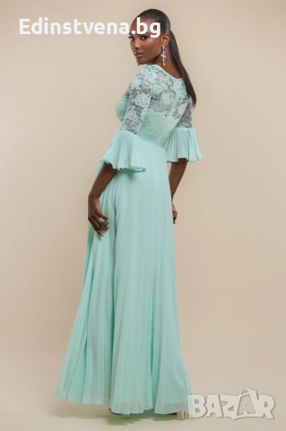 Дамска ментово зелена официална дълга рокля с дантела и плисе, снимка 2 - Рокли - 52391788