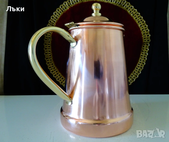 Медна кана с капак,меден чайник,чиста червена мед,печат. , снимка 2 - Антикварни и старинни предмети - 54160253