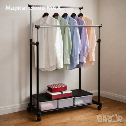 Двойна стойка за дрехи на колела - лесно преместване и повече място за дрехи, снимка 9 - Декорация за дома - 53863091