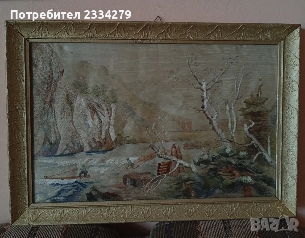 Стар гоблен поставен в остъклена дървена рамка., снимка 6 - Гоблени - 54108978