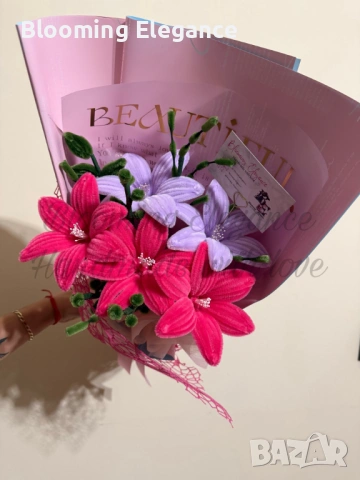 Вечен букет от 5 лилии от плюшена тел - ръчна изработка, снимка 2 - Романтични подаръци - 54173940