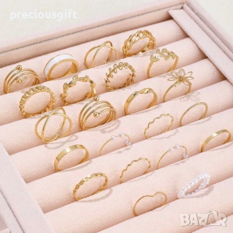 Комплект бижута - 22 броя пръстени, налични в цвят злато или сребро, снимка 3 - Пръстени - 53071172