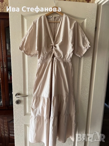 Нова 100 % памук памучна елегантна дълга рокля бежова волани къдри , снимка 3 - Рокли - 50509513