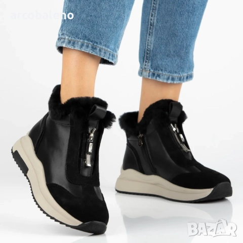 Дамски черни боти на платформа от естествена кожа с кожена облицовка Dorie 