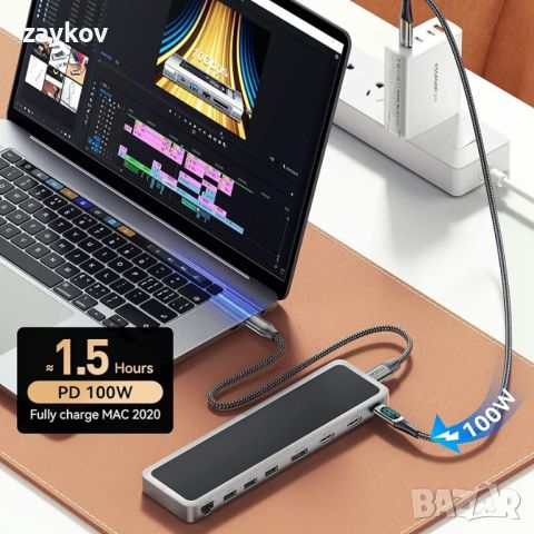 12 в 1 USB C хъб, USB-C докинг станция за лаптоп, троен дисплей тип C адаптер, снимка 7 - Друга електроника - 46064398