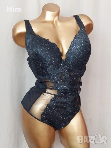 Gossard 80G Черно боди от еластичен прозрачен тюл и сребристи брокатени точки , снимка 6 - Бельо - 51794998