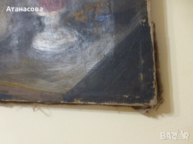 Стара картина Натюрморт масло платно Стоян Стоянов 1950 г, снимка 8 - Картини - 53728482