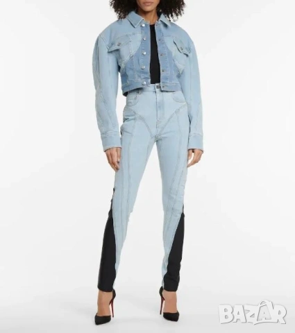 По Модел на MUGLER Модни Дамски Джинси Корейски Дънки с Висока Талия Пачуърк Вталени Разтегаем Модел, снимка 5 - Дънки - 53635706