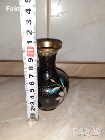 Cloisonne Клоазоне стара ваза цветя бронз клетъчен емайл, снимка 6 - Антикварни и старинни предмети - 53357493