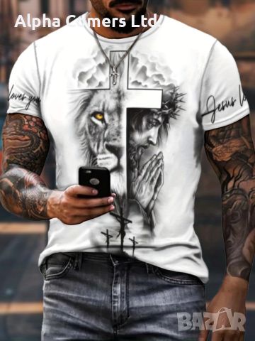 Стилна мъжка елегантна тениска с къс ръкав, шарка на кръст и лъв, снимка 2 - Тениски - 45786332
