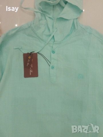 Мъжка риза с качулка ЛОРО ПИАНА минт цвят 75% лен 25% памук, снимка 9 - Ризи - 53919308