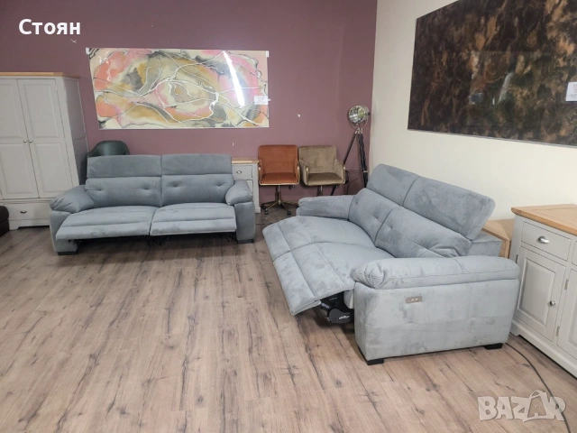 Сив комплект дивани от плат две тройки с ел релакс механизъм, снимка 9 - Дивани и мека мебел - 53740006