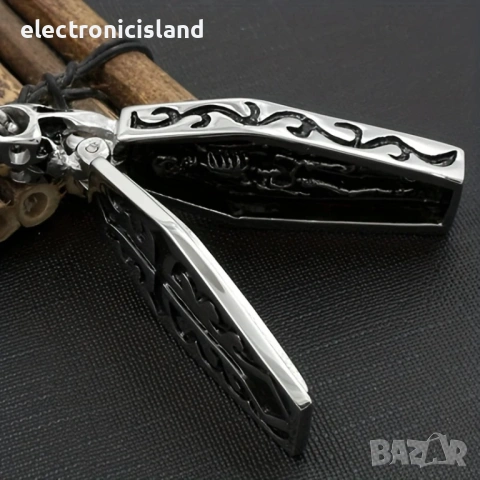 Винтидж отварящо се колие от неръждаема стомана във формата на ковчег и вътре скелет, пънк, вампир, снимка 9 - Колиета, медальони, синджири - 53940121