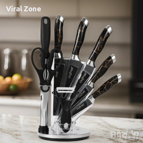 Комплект уреди за рязане Cheffinger – 9 части с мраморно покритие, стойка, точило и белачка, снимка 7 - Аксесоари за кухня - 53436168