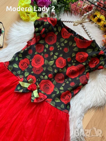 Червена рокля с рози и тюл, снимка 2 - Рокли - 50991086