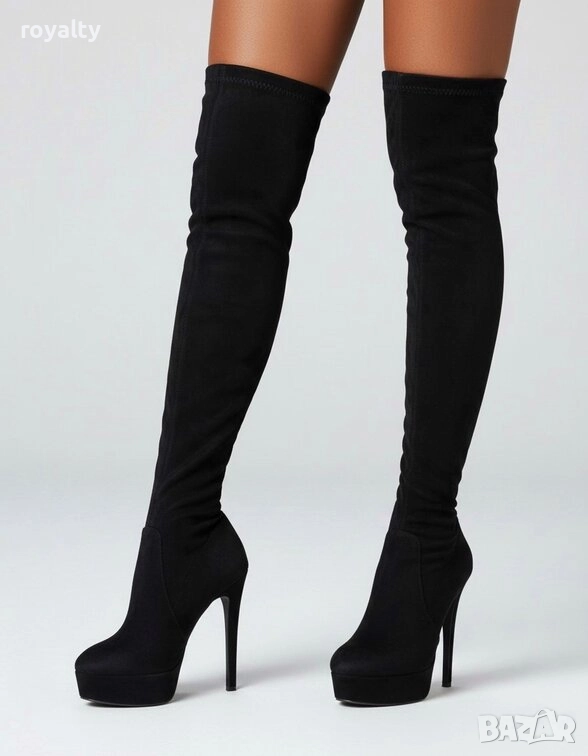 Чизми на ток - черен велур, снимка 1