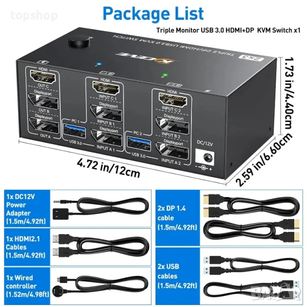 НОВ ТЕСТВАН KVM превключвател за 2 компютъра към 3 монитора + KCEVE USB 3.0. HDMI + DisplayPort 8K.., снимка 1