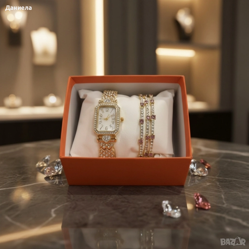 Луксозен дамски комплект: часовник и гривни в златист цвят, снимка 1