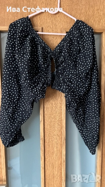 Нов кукленски разкошен топ черен на бели точки 100 % памук памучен буфан ръкав , снимка 1