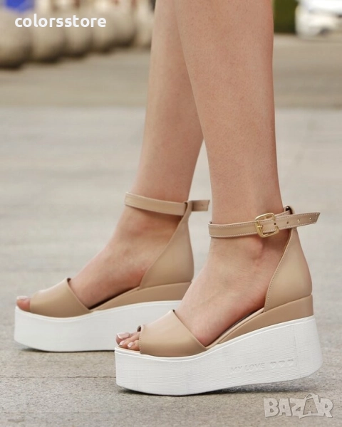 Сандали на платформа - бежова кожа с бяло ходило - TJL70 , снимка 1
