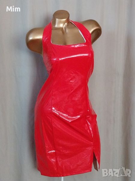  Резервирани XL Червена къса рокля от лак / винил/, снимка 1