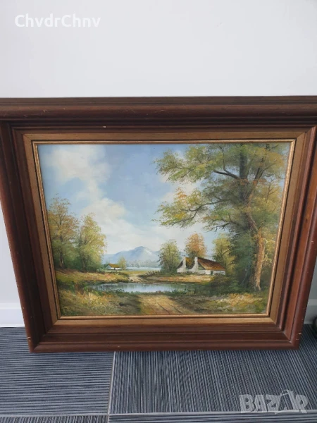80х70см/голяма картина масло върху платно/селски пейзаж/къщи-дървета-планина/дървена рамка, снимка 1