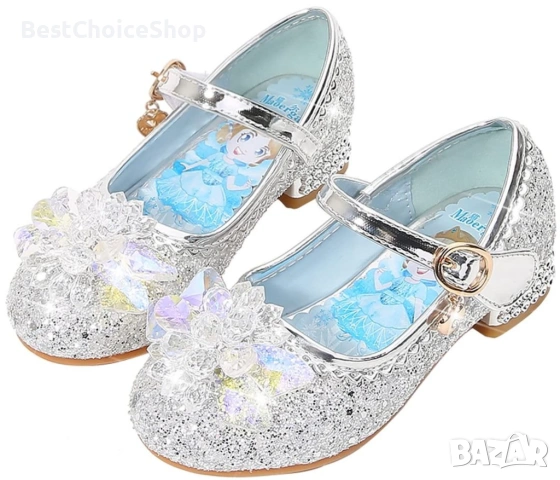 Брокатени обувки с кристални орнаменти, нисък ток, принцеса Елза. Размер 33, снимка 2 - Детски обувки - 53156606