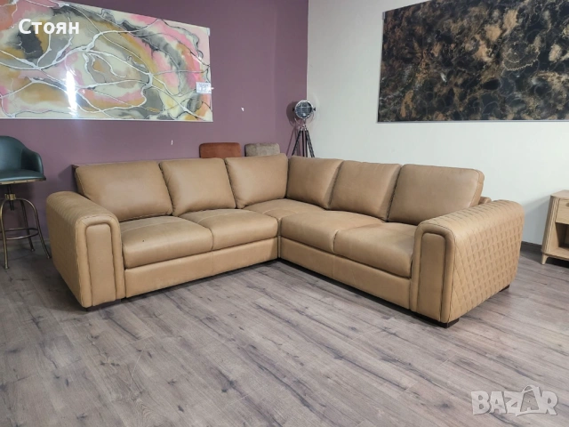 Светло кафяв кожен ъглов диван