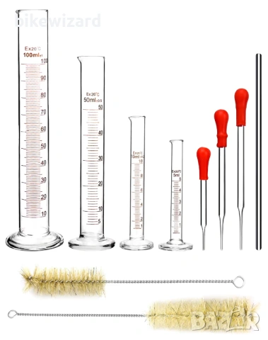 Комплект мерителни цилиндри QWORK, 4 броя, с пипети и четки – прозрачни, 5/10/50/100 мл НОВИ
