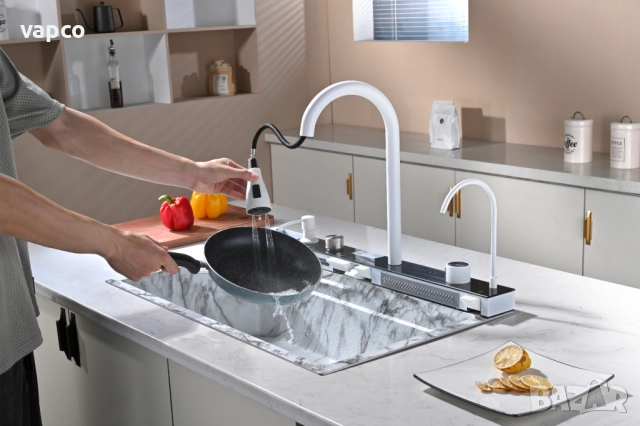 Бял мрамор - Мултифункционална кухненска мивка с двоен водопад , снимка 7 - Мивки - 52128606