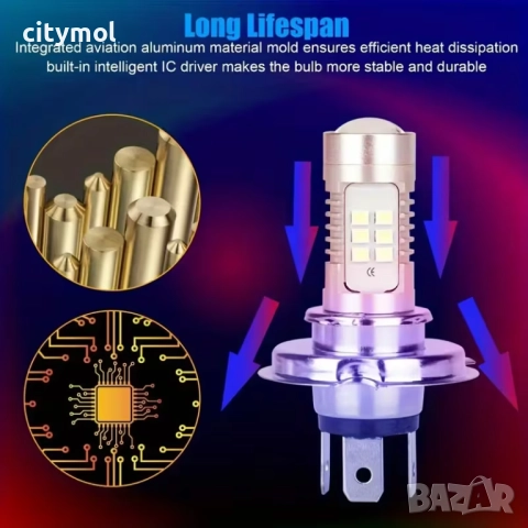 Комплект 2 бр. авто лампи/крушки H4, LED, 6000K, 21 хSMD 3030 диода и лупа, компактен размер, снимка 2 - Аксесоари и консумативи - 52625329