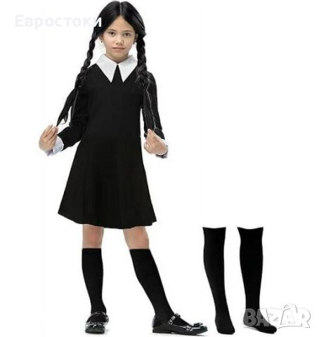 Детски карнавален костюм Wednesday Addams с перука, готическа черна рокля на Wednesday Addams, снимка 5 - Детски комплекти - 46698254